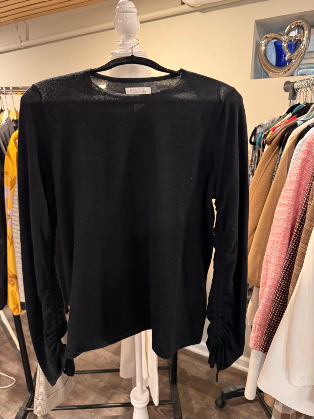 Nordstrom Black Long-Sleeve Crewneck Sweater with Ruched Cuffs